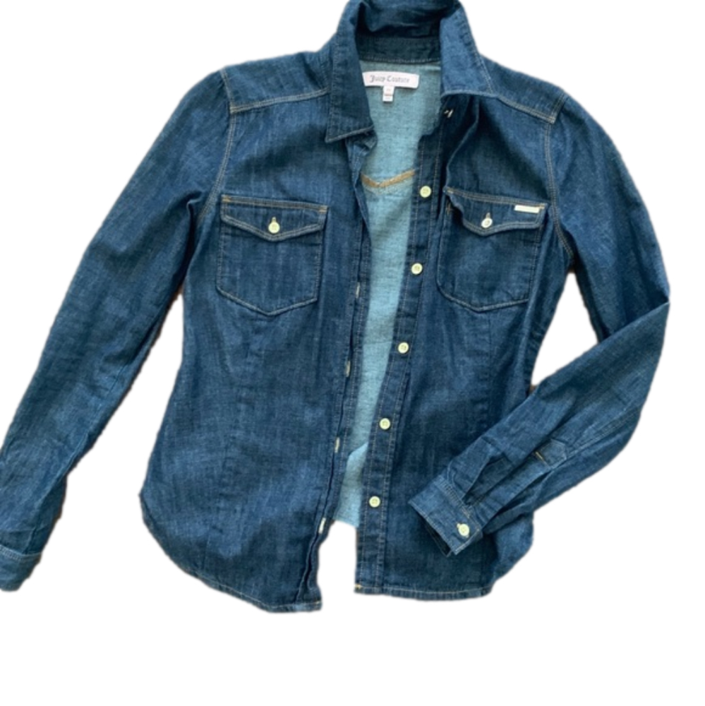 Juicy Couture dark denim jean jacket shirt shacket with gold buttons
